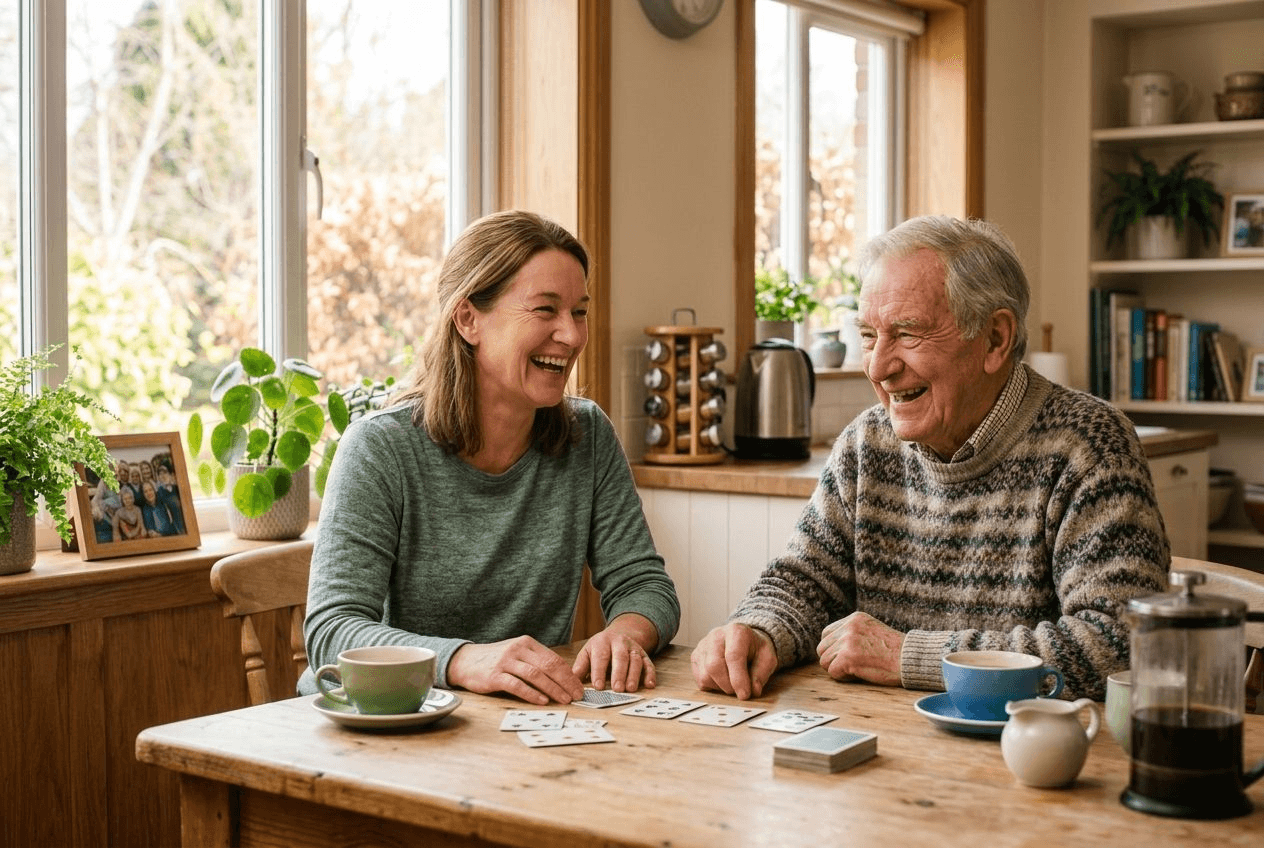 A friendly companion caregiver and an elderly man laughing over coffee and a card game at a sunlit kitchen table