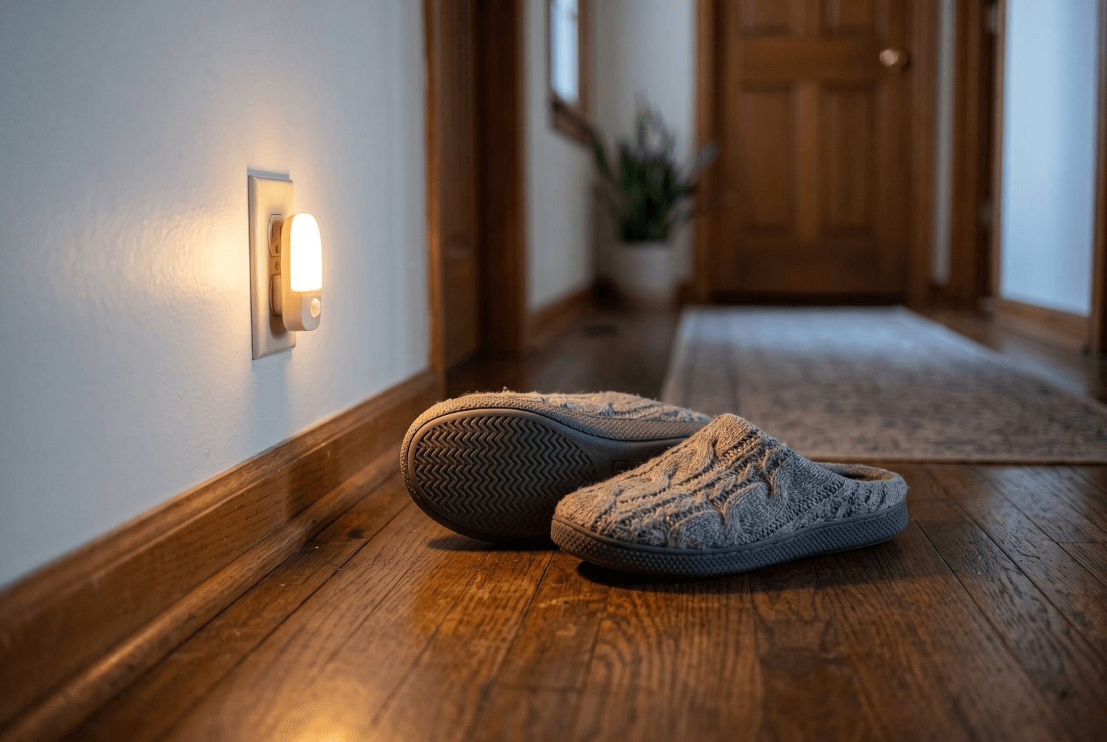 A pair of soft non-slip slippers on a wood floor beside a warm glowing motion-sensor nightlight in a hallway at dusk