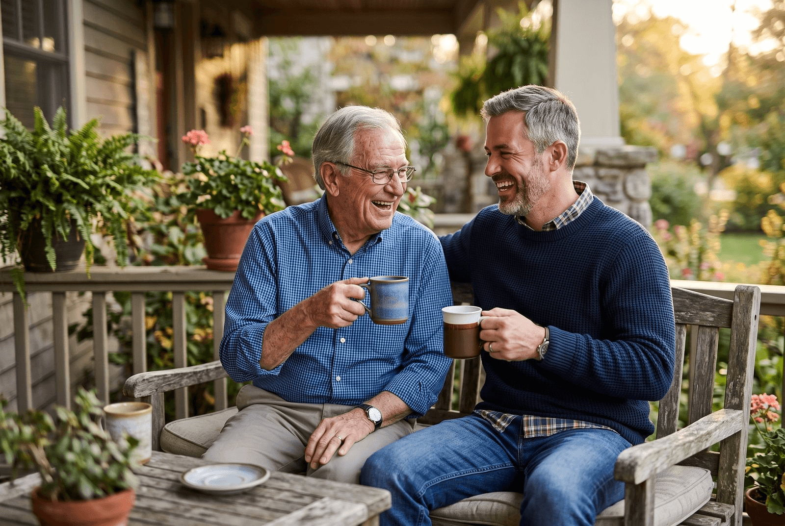 An adult son and his elderly father sitting close together on a porch, laughing over cups of coffee on an unhurried afternoon