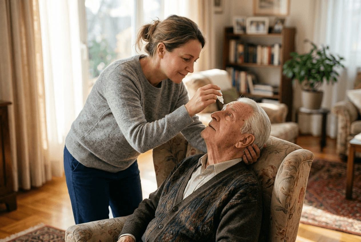 A home caregiver gently steadying an older man's head and guiding an eye-drop bottle as he tilts back in a sunlit living room, showing the daily help that keeps glaucoma treatment on track