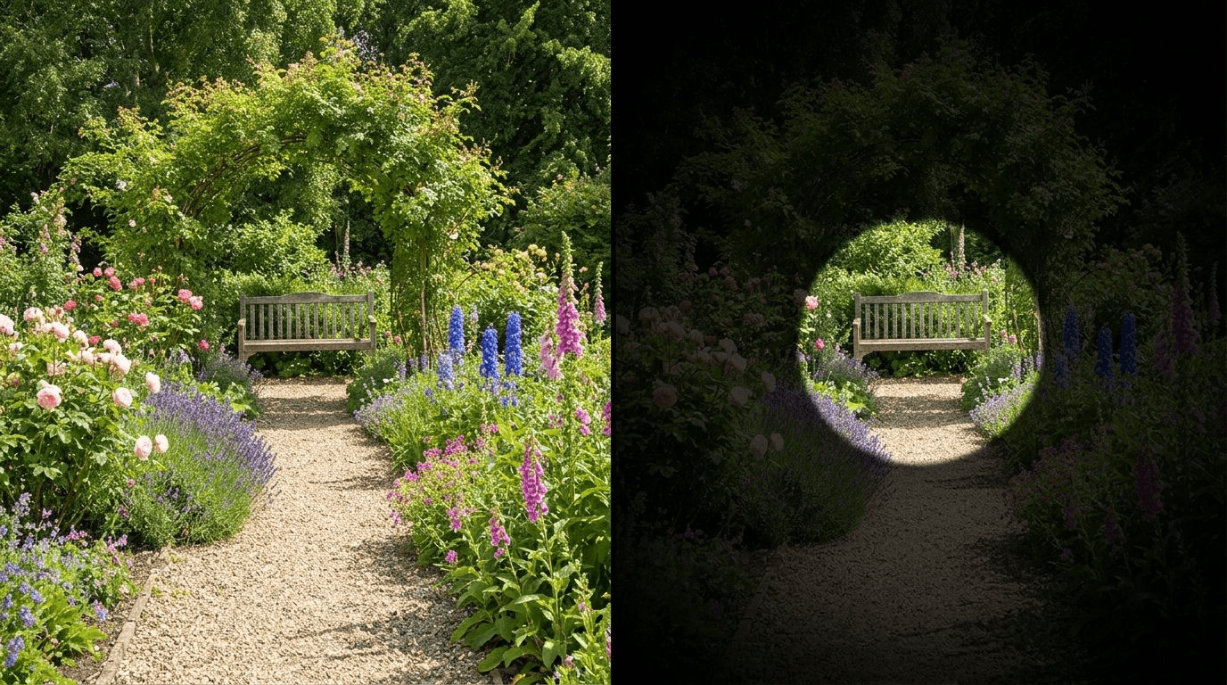 A side-by-side comparison of the same garden path scene: on the left a full clear view, on the right the edges darkened into a narrow tunnel, illustrating how glaucoma erases peripheral vision first