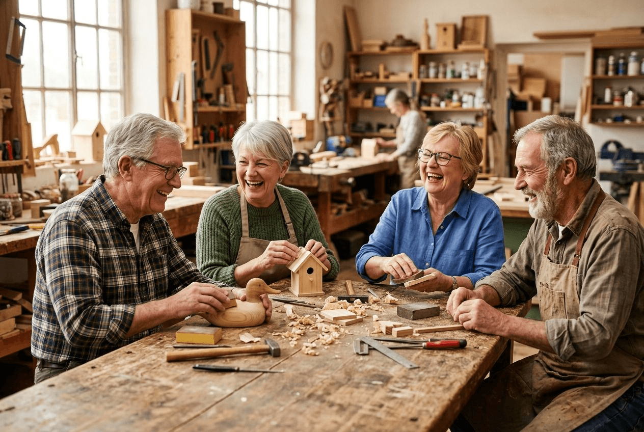 A small group of older adults laughing together around a table in a woodworking and crafts workshop, working on projects