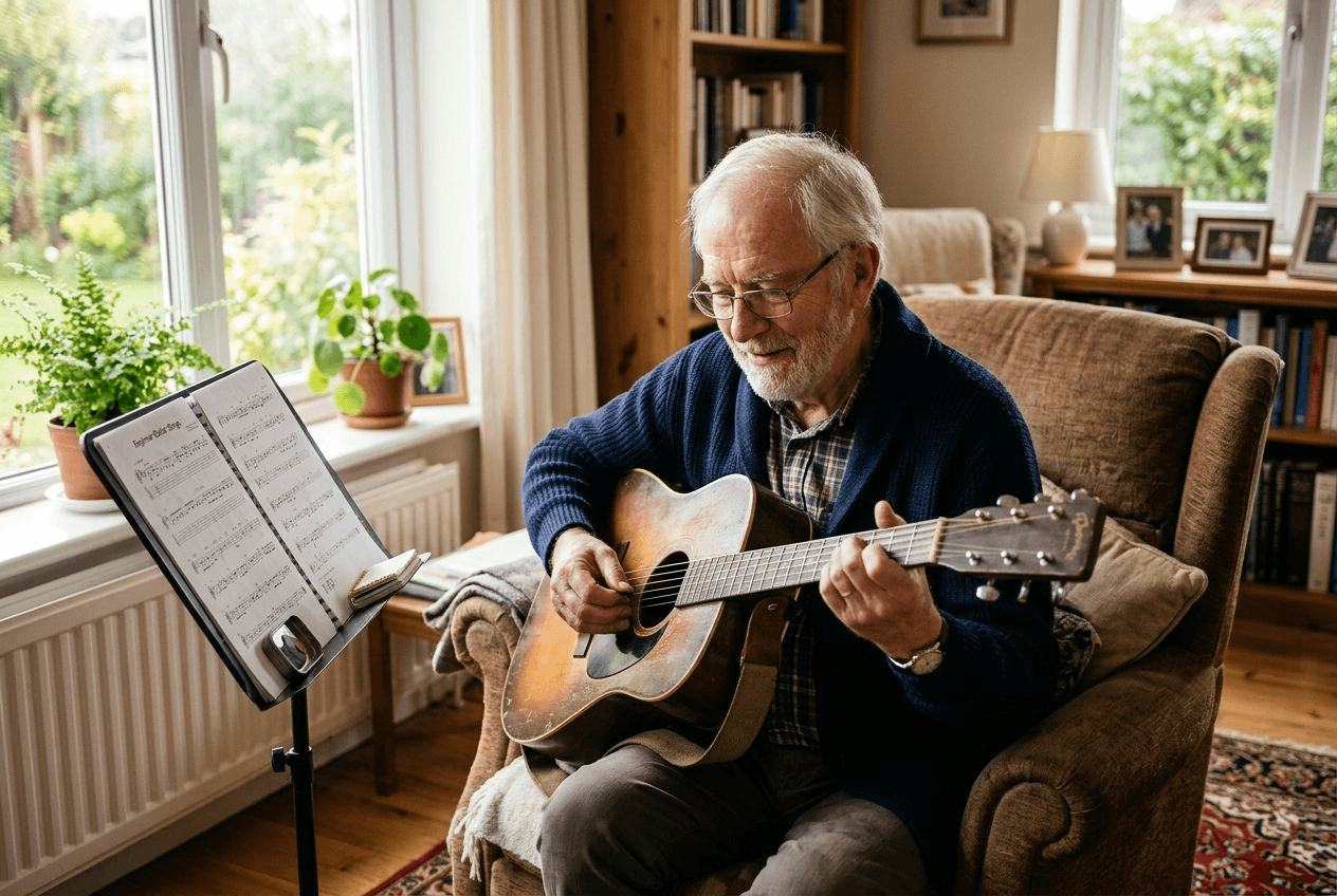 An older man learning to play an acoustic guitar at home, reading music from a stand by a bright window