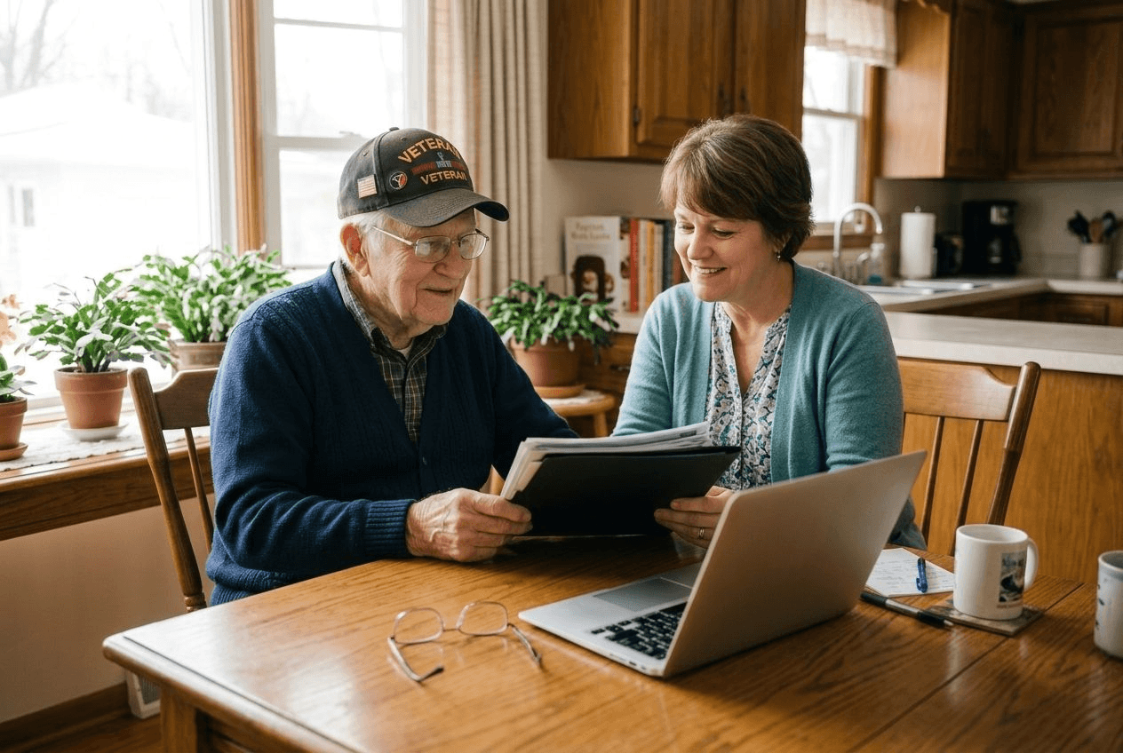 An elderly veteran and his adult daughter reviewing a folder of documents together at a sunlit kitchen table, an open laptop in front of them