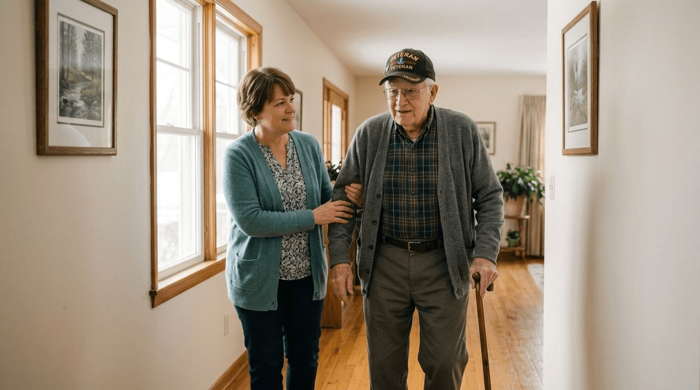 A caregiver gently steadying an elderly veteran's arm as he walks with a wooden cane down a bright home hallway