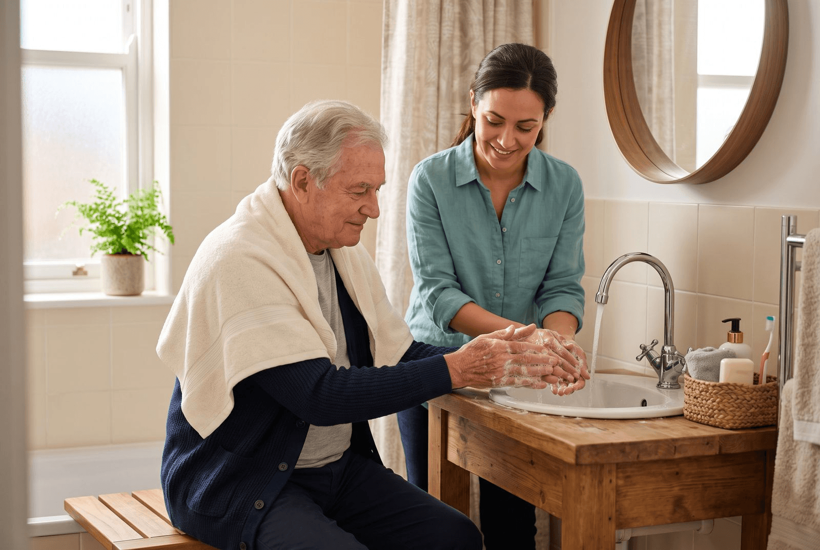 A caregiver in a warm bathroom gently helping a seated older man wash his hands at the sink, a towel draped over his shoulders for privacy, both looking calm