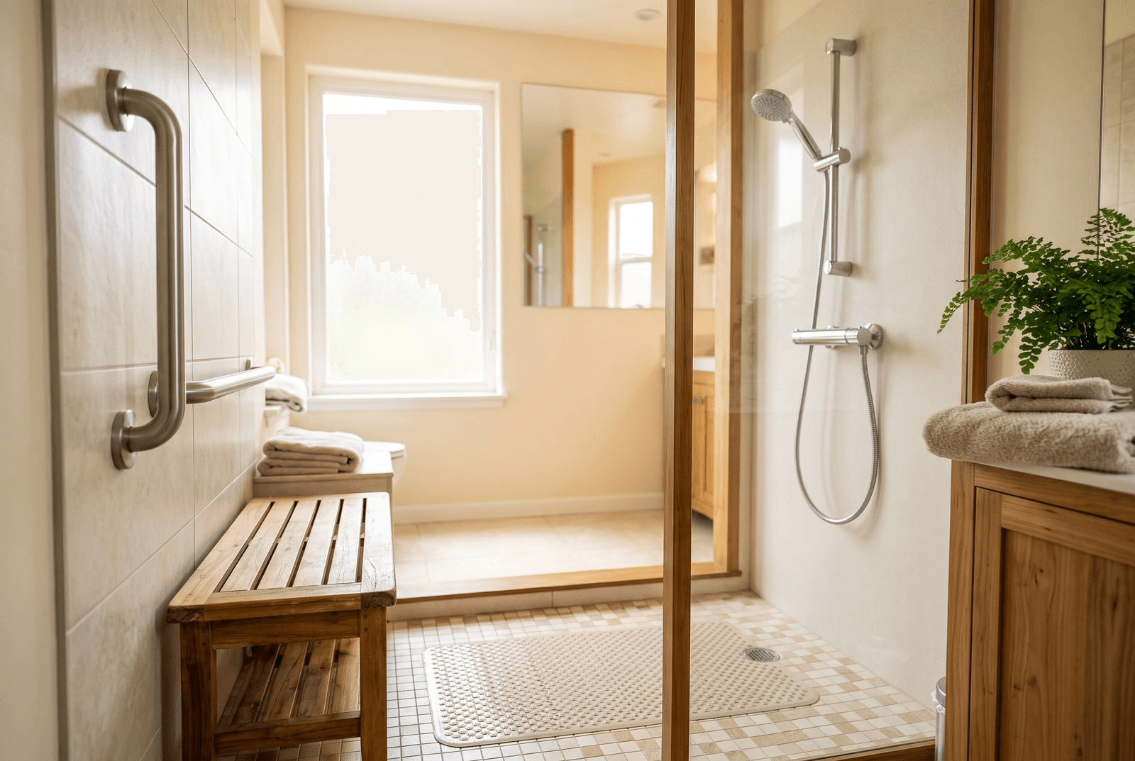 A bright, homey walk-in shower set up for safety with a wall-mounted grab bar, a slatted shower bench, a handheld showerhead, and a non-slip mat on the floor