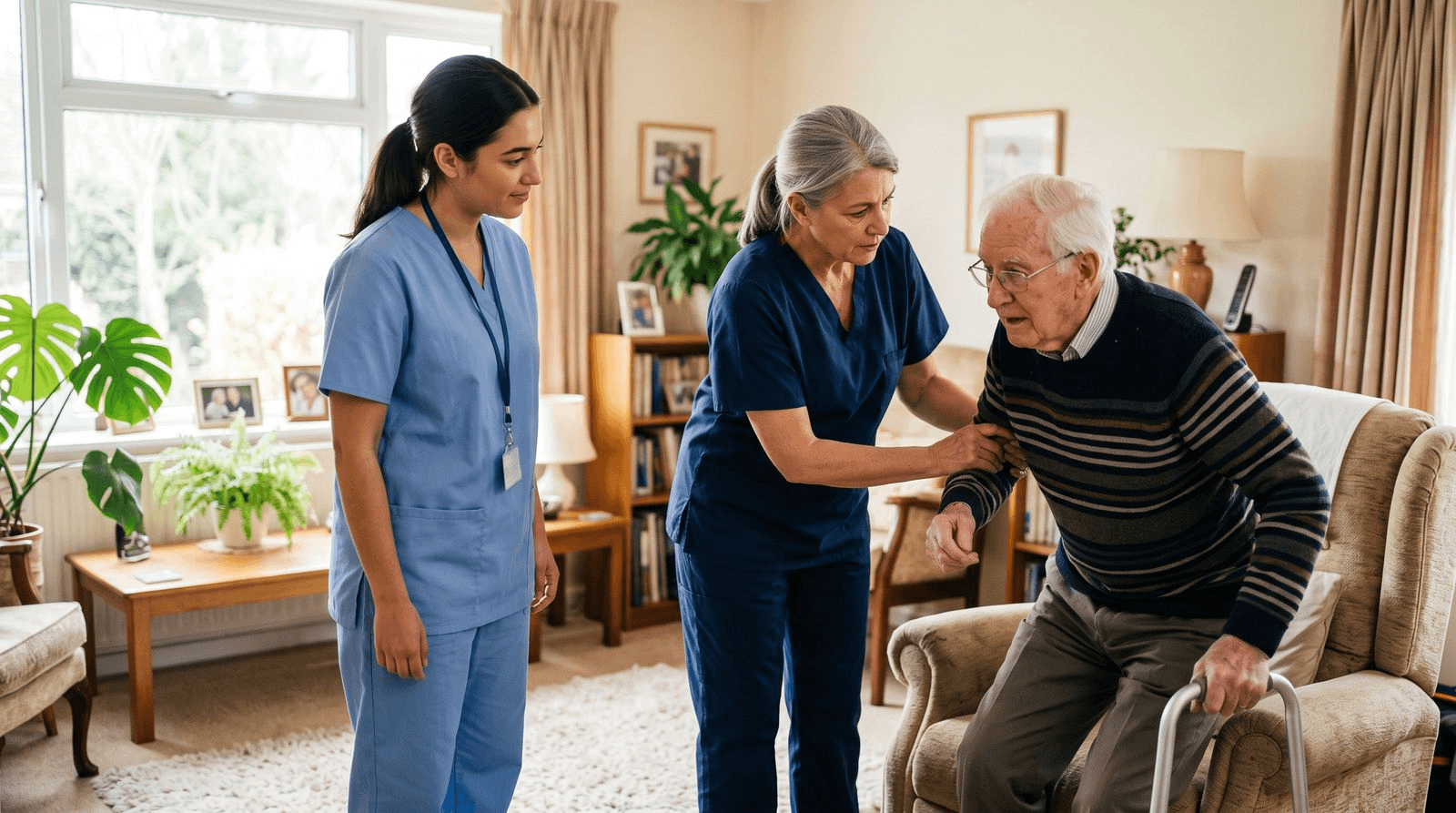 A newer caregiver in scrubs watching attentively as an experienced caregiver demonstrates how to help an older man rise from a chair in a bright living room