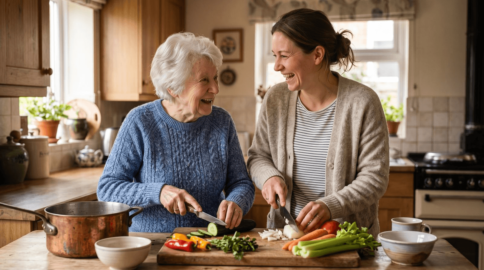 A caregiver and an older woman standing together in a kitchen chopping vegetables and laughing while preparing a meal