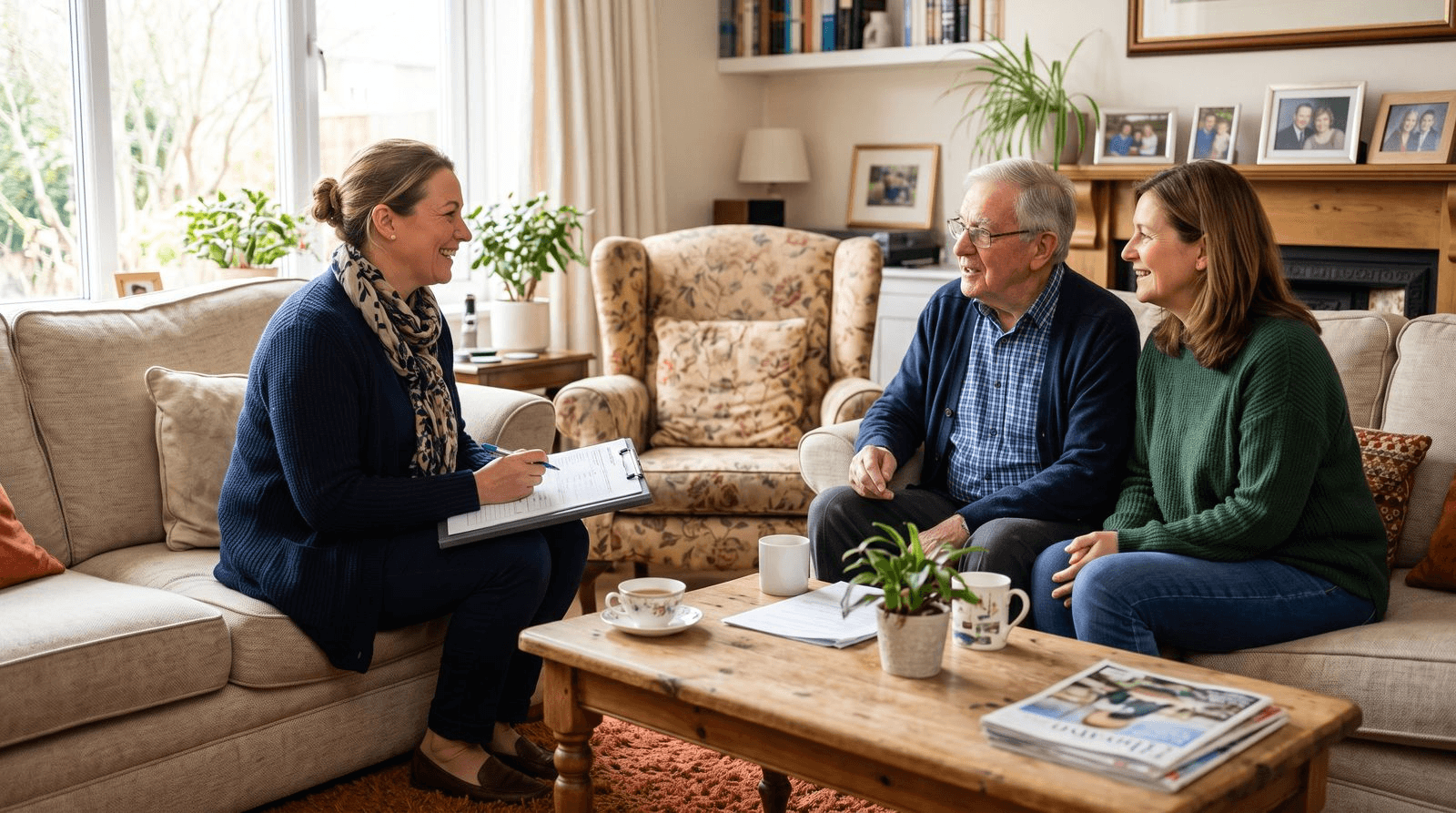 A home care coordinator sitting with an older man and his adult daughter in a living room, taking notes during an in-home assessment as they talk