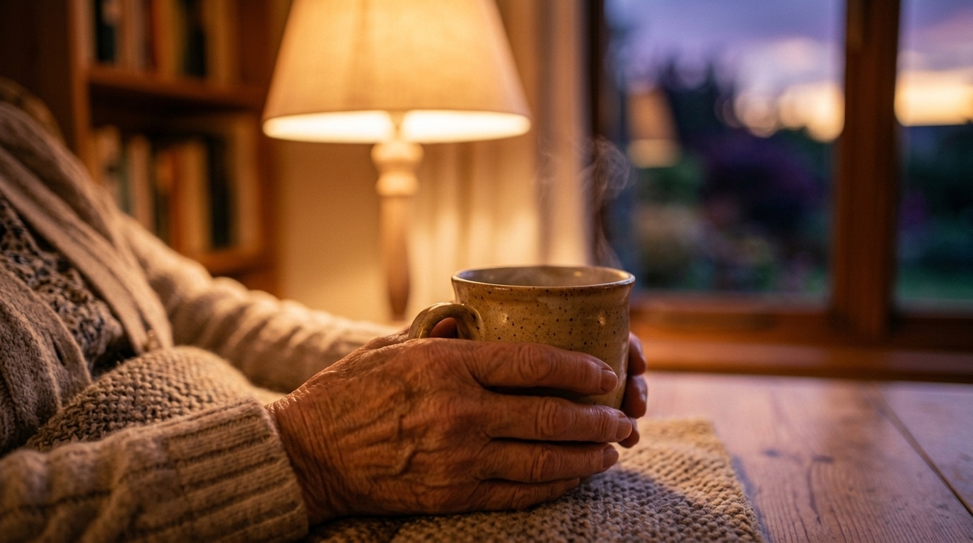 A close-up of an elderly man's hands holding a warm mug at twilight, with golden lamp light softening the room behind him — illustrating a calm evening routine
