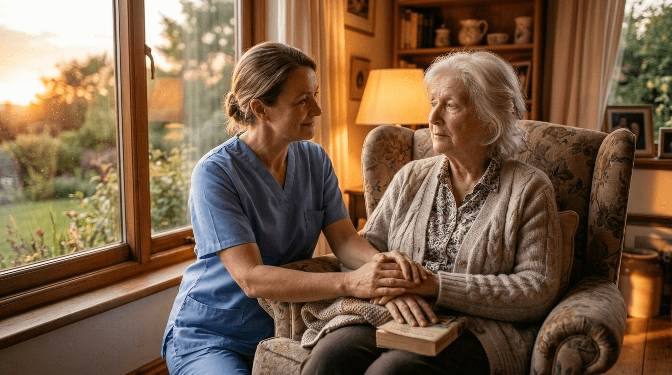A caregiver in soft warm light gently holding the hand of an elderly woman seated in a cozy armchair beside a glowing lamp, providing reassurance during early evening
