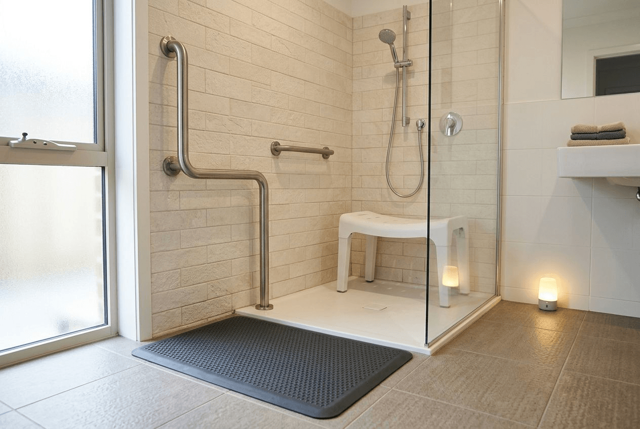 A senior-friendly bathroom with a stainless grab bar beside a walk-in shower, a non-slip floor mat, a shower seat, and a soft night light