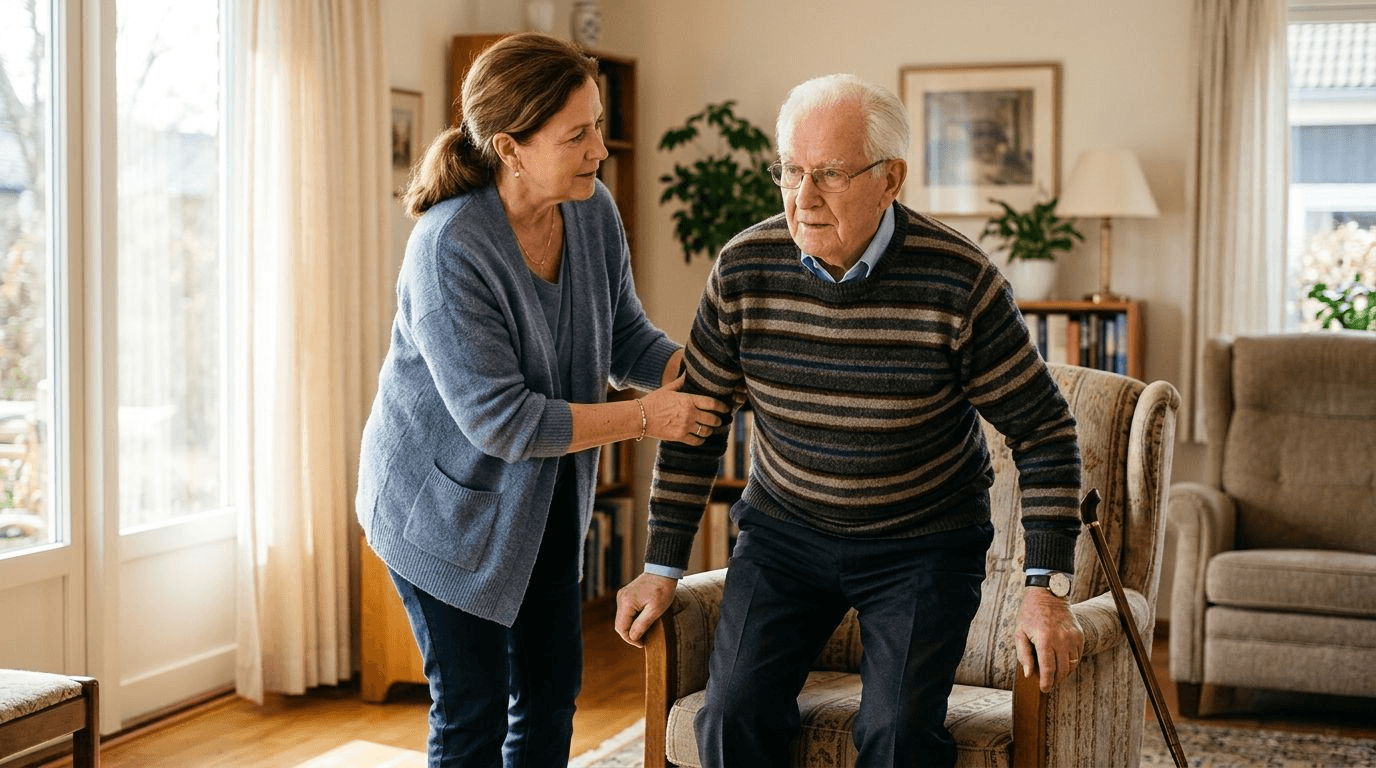 A caregiver standing close beside an elderly man and steadying his forearm as he rises from an armchair in a sunlit living room