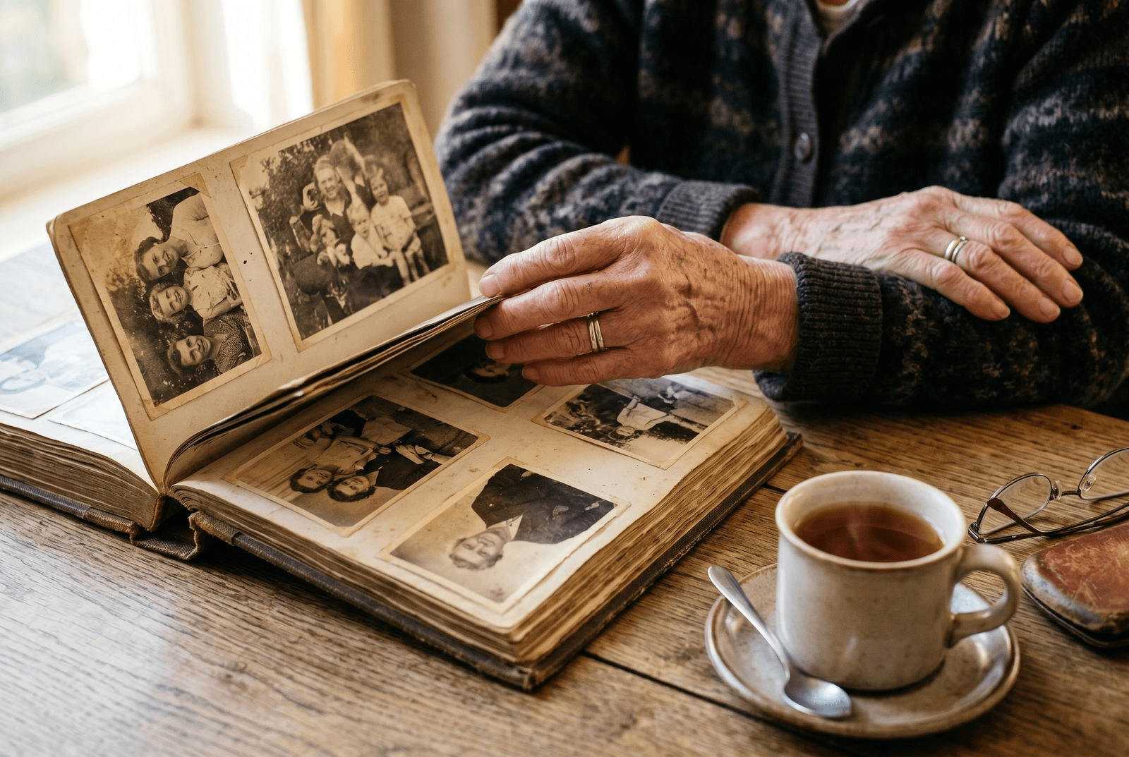 The weathered hands of an elderly person turning the pages of an old family photo album on a wooden table, with faded black-and-white snapshots, a cup of tea, and reading glasses beside it