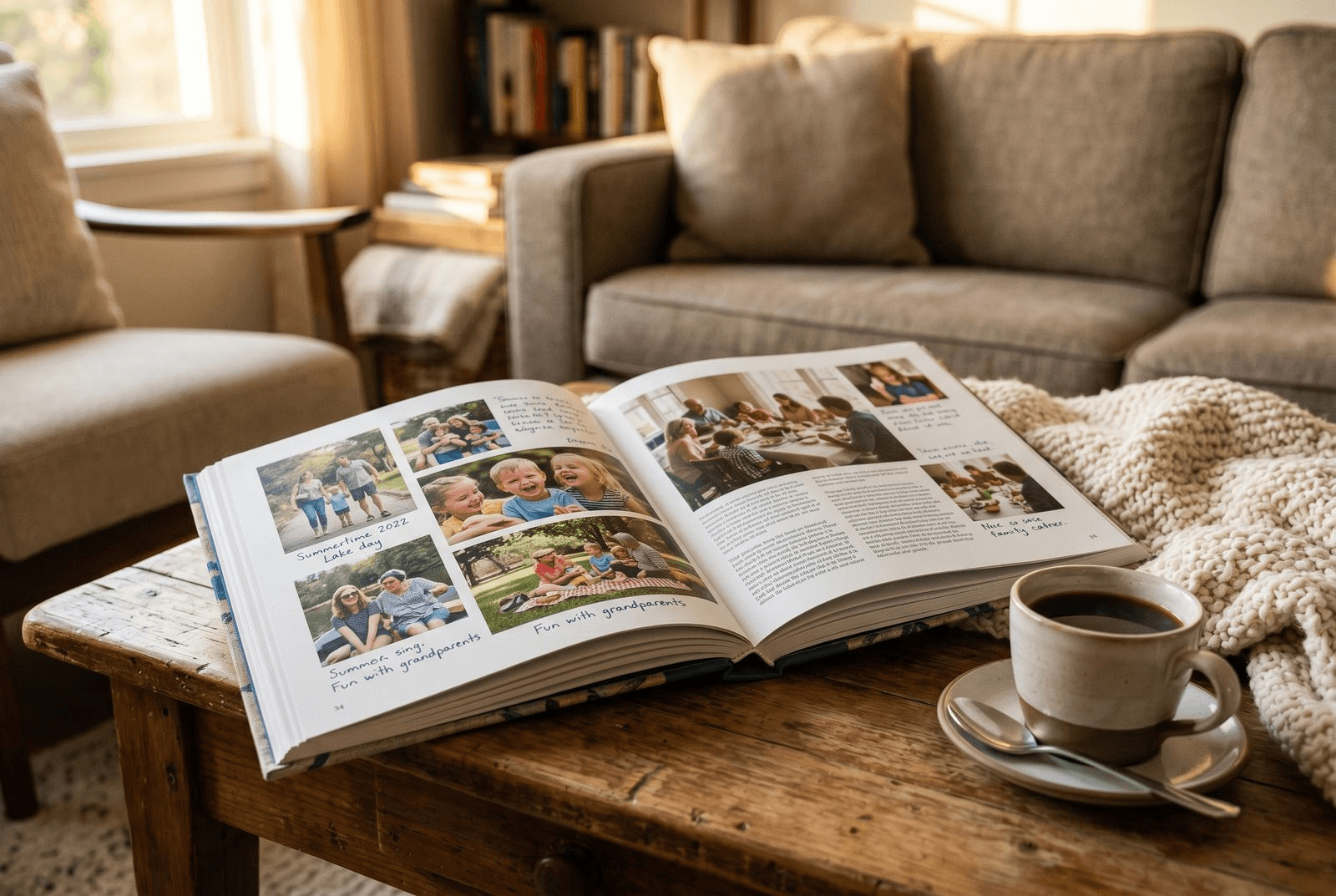 A finished hardcover family memory book lying open on a living-room coffee table, its pages showing printed photographs and blocks of text, beside a mug of coffee and a knit blanket