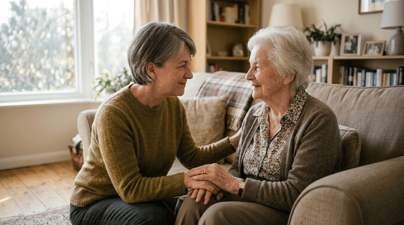 An adult daughter kneeling at eye level in front of her seated elderly mother, a reassuring hand on her mother's arm, making warm eye contact in a sunlit room