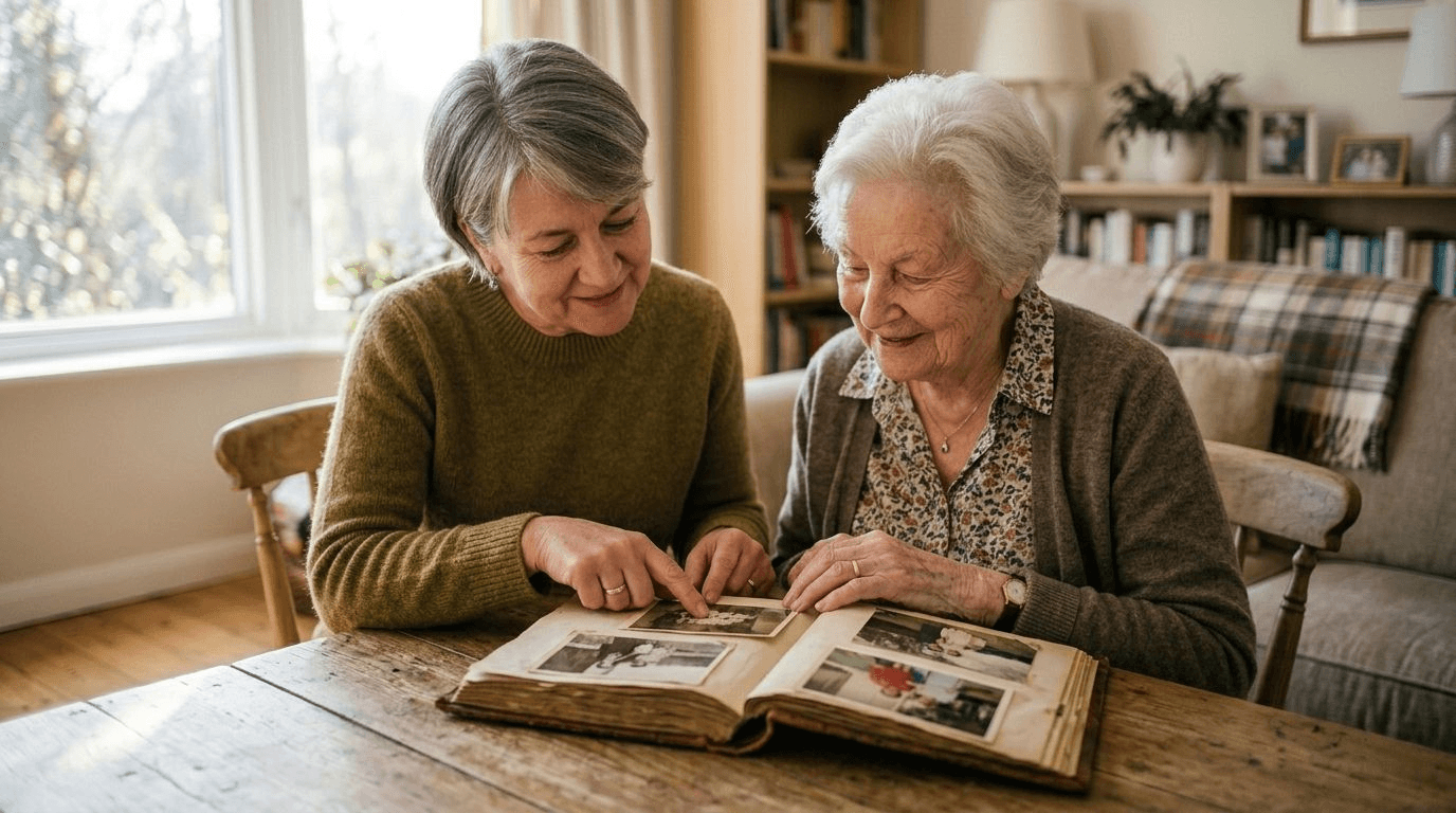 An adult daughter and her elderly mother sitting together at a table looking at an open family photo album, the mother smiling in recognition in warm afternoon light