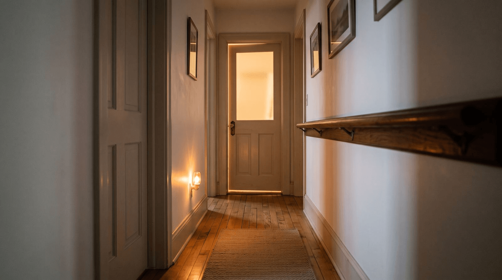A softly lit home hallway at night with a warm nightlight glowing near the floor and a handrail along the wall, showing a clear path to the bathroom