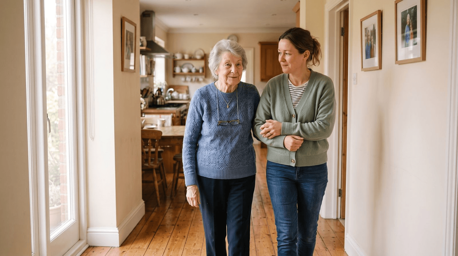 The same older woman and caregiver walking slowly together down a bright home hallway, the caregiver offering a steadying hand at her arm