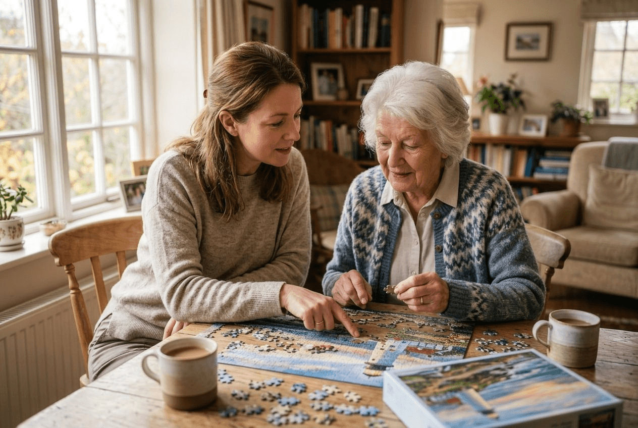 A younger caregiver and an older woman sitting close together at a kitchen table, working on a jigsaw puzzle in warm afternoon light, the caregiver pointing to where a piece might fit while the woman holds it