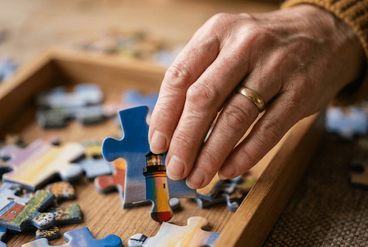 Close-up of an older person's hand picking up an oversized high-contrast lighthouse jigsaw puzzle piece from a wooden sorting tray, other large pieces arranged nearby under warm light