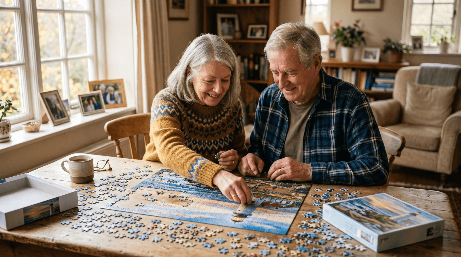 An older man and woman in their seventies sitting together at a sunlit table assembling a large landscape jigsaw puzzle, pieces spread across the tabletop, both smiling in concentration