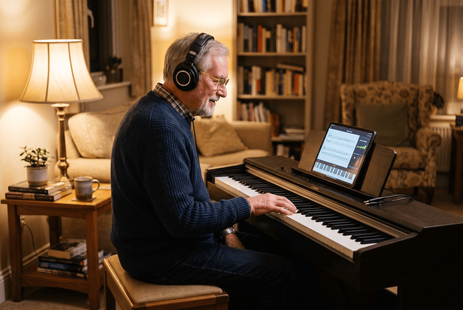 An older man seated at a digital piano wearing headphones, following along on a tablet propped on the music stand, in a cozy home in the evening