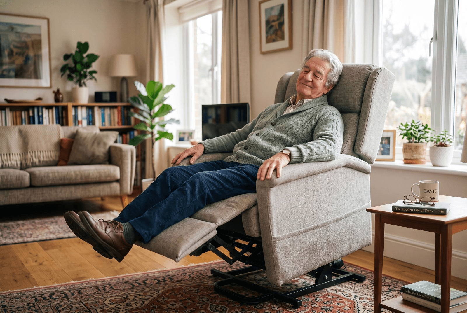 The same silver-haired man resting with his eyes closed in his lift recliner, reclined back with the footrest raised, in the same sunlit living room
