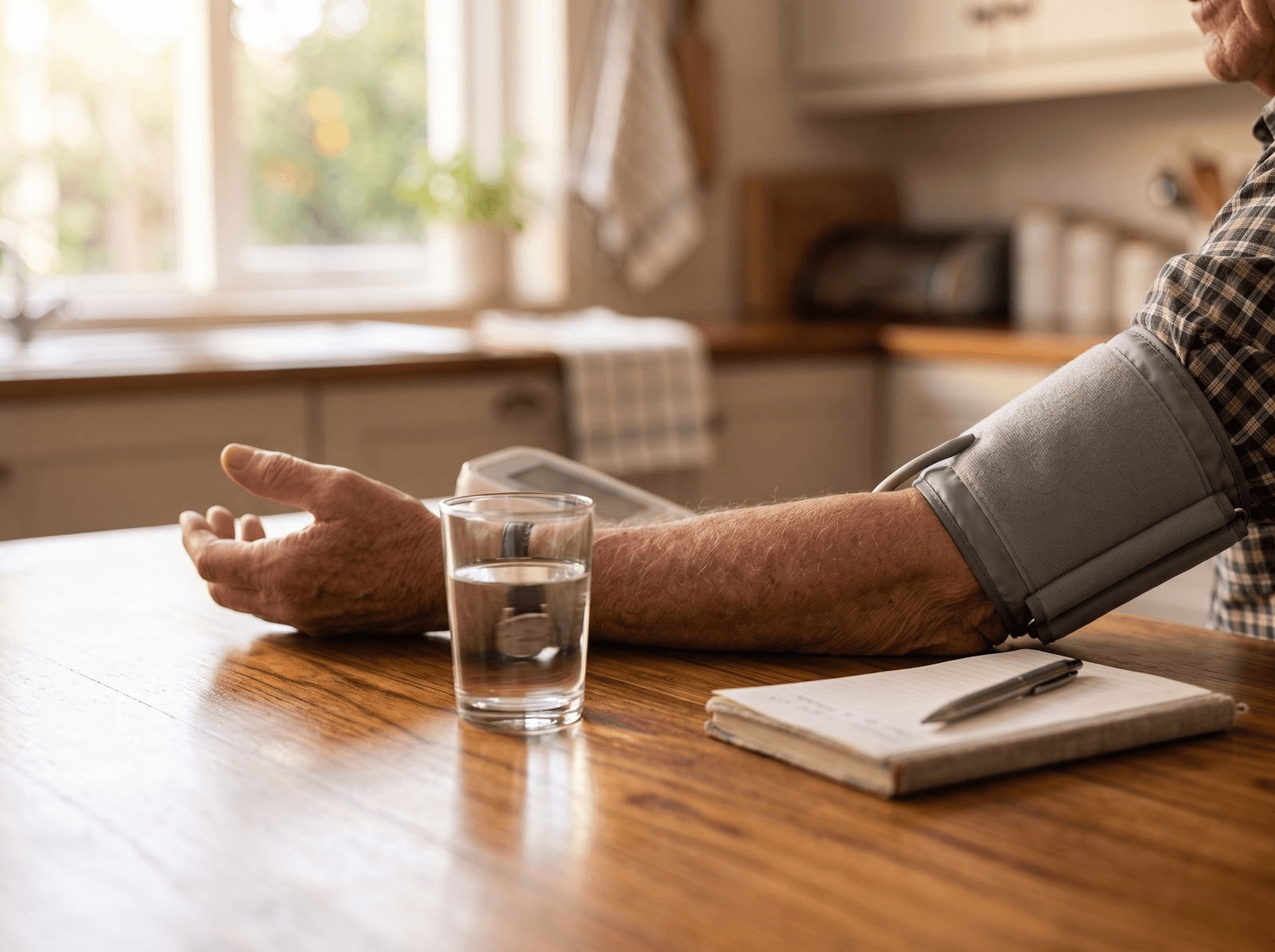 A home blood pressure cuff on an older person's arm resting on a wooden kitchen table beside a glass of water and a notebook