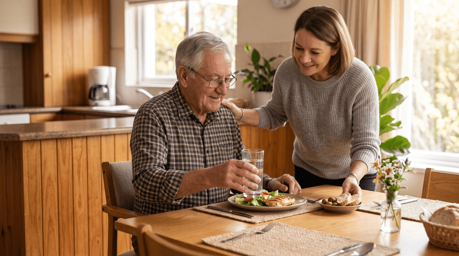 An elderly man and a caregiver sharing a light meal and a tall glass of water at a sunlit kitchen table