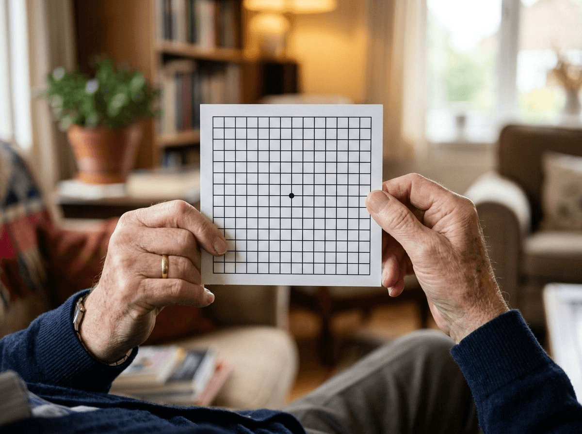 An older person's hands holding a printed Amsler grid card with a central dot at reading distance in a warm living room