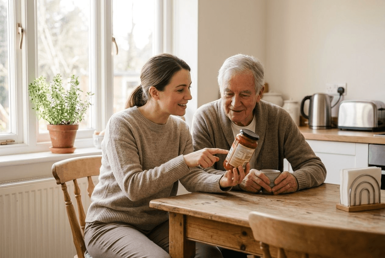 A home caregiver sitting beside an older man at a sunlit kitchen table, reading the label on a jar aloud to help him