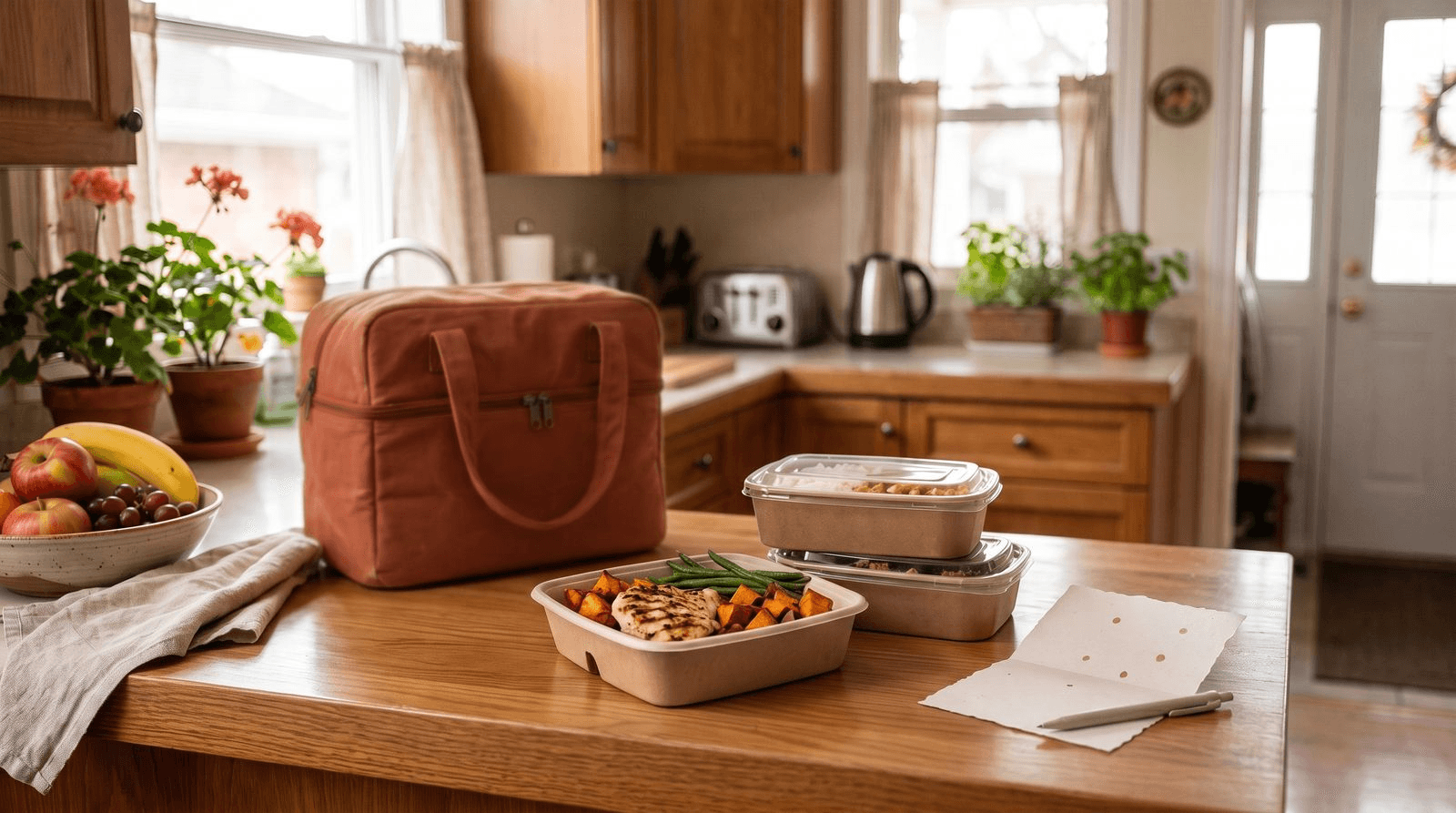 Neatly arranged prepared meals in microwave-safe containers with vegetables and lean protein on a warm wooden kitchen counter