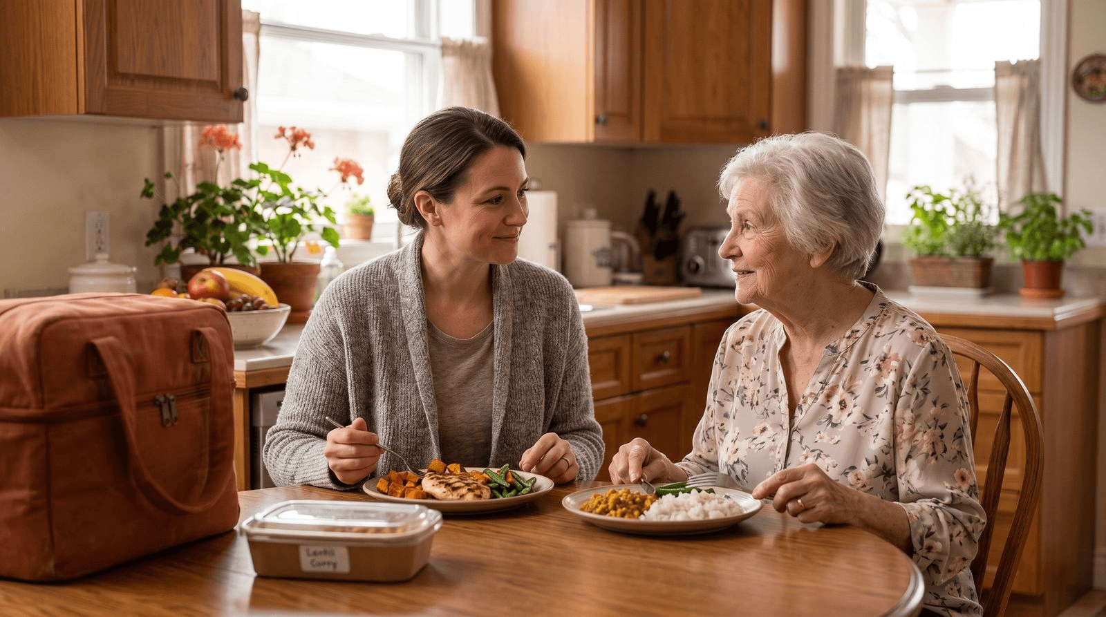 A caregiver in a soft cardigan sitting at a sunlit kitchen table with an older woman, sharing a reheated prepared meal and talking