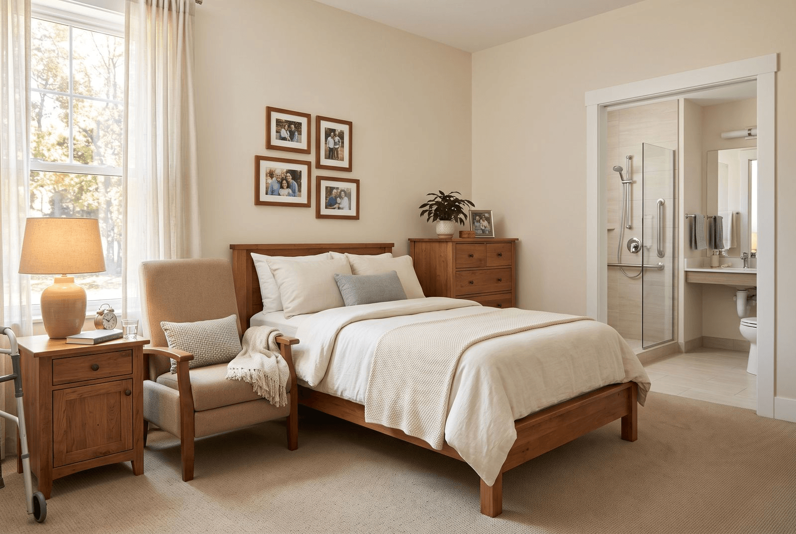 A bright, accessible main-floor bedroom prepared for an aging parent — a bed with a sturdy chair beside it, a nightstand with a lamp, grab bars visible through the door to an adjacent bathroom, and personal photographs on the wall