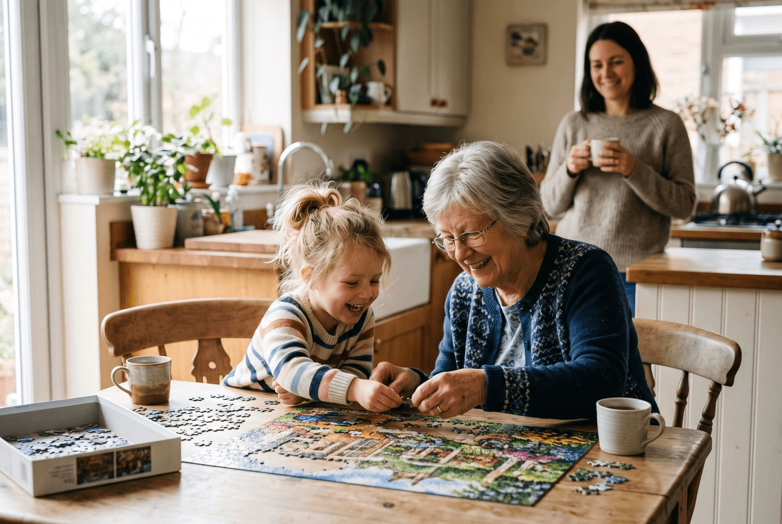 A grandmother and her young grandchild sitting together at a kitchen table doing a puzzle, both smiling, while an adult daughter takes a quiet coffee break in the background
