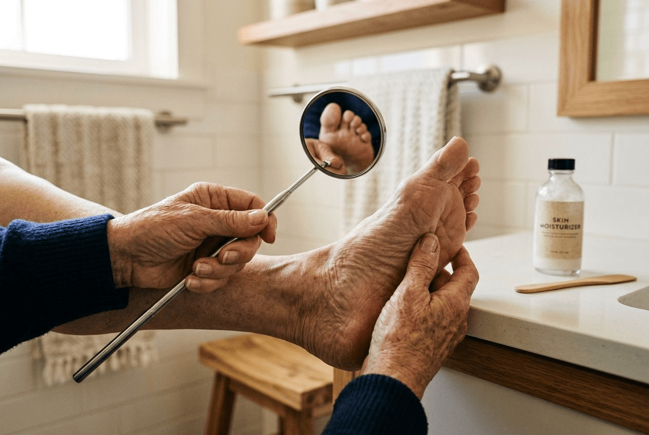 Close-up of an older woman's hands using a long-handled mirror to inspect the underside of her foot in a bright bathroom, a bottle of moisturizer on the counter beside her