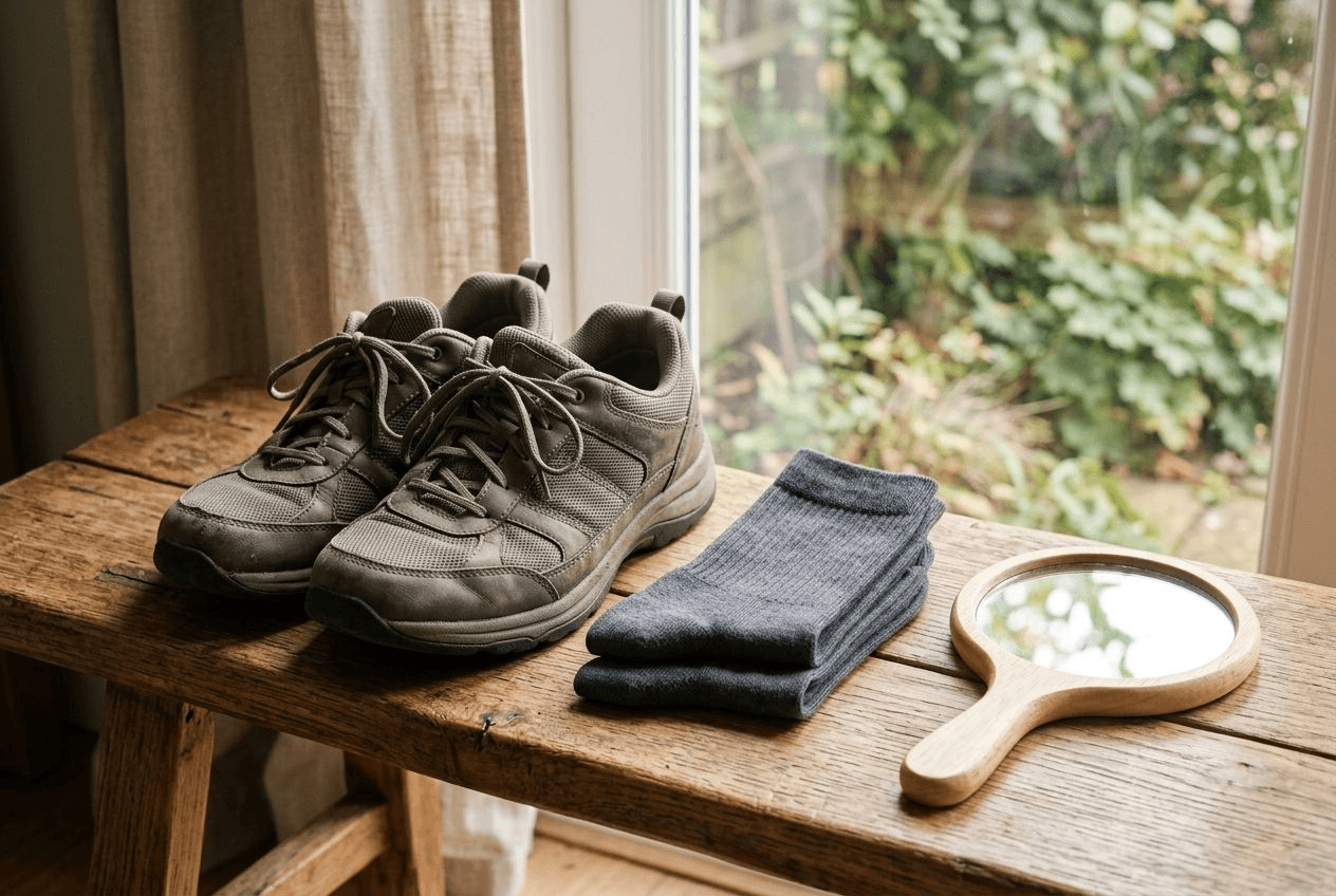A pair of wide, cushioned walking shoes and seamless gray socks laid neatly on a wooden bench beside a hand mirror in warm natural light