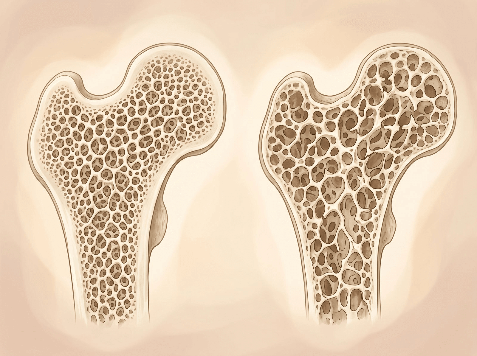 A clear, friendly illustration contrasting two side-by-side bone cross-sections: a dense, healthy bone with tight internal structure next to a porous, thinned bone showing the effect of osteoporosis
