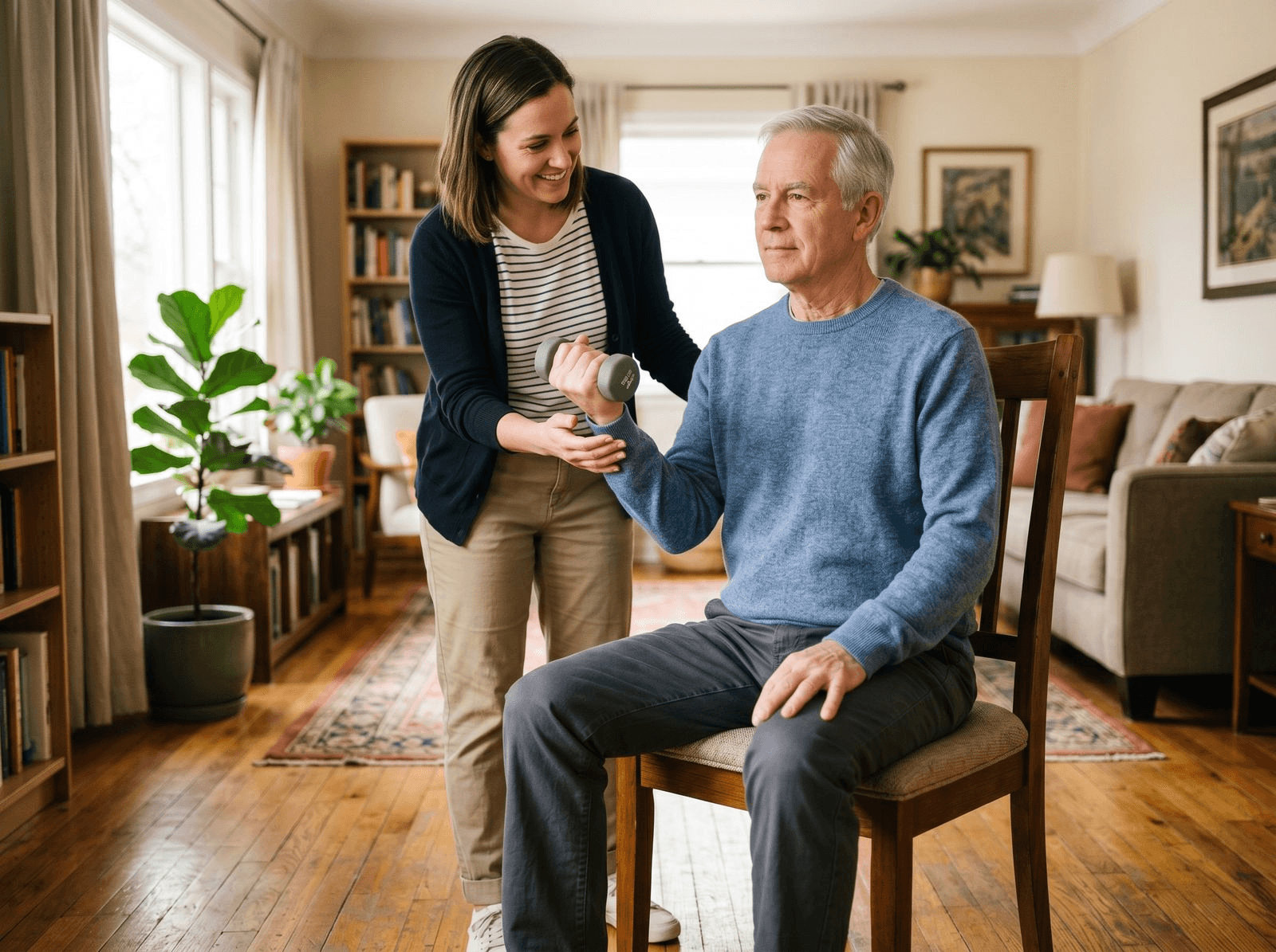 A silver-haired man in his seventies doing a gentle dumbbell exercise while seated in a sunlit living room, a physical therapist or caregiver standing nearby offering encouragement, warm and unhurried