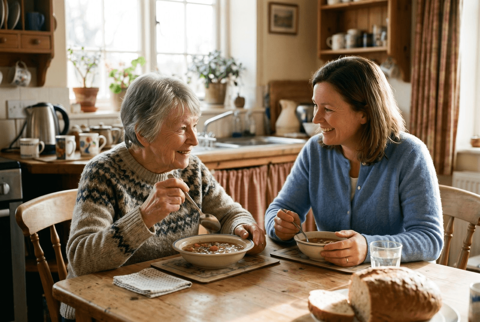 An older woman and a caregiver sharing a bowl of soup at a sunny kitchen table, the older woman looking alert and engaged