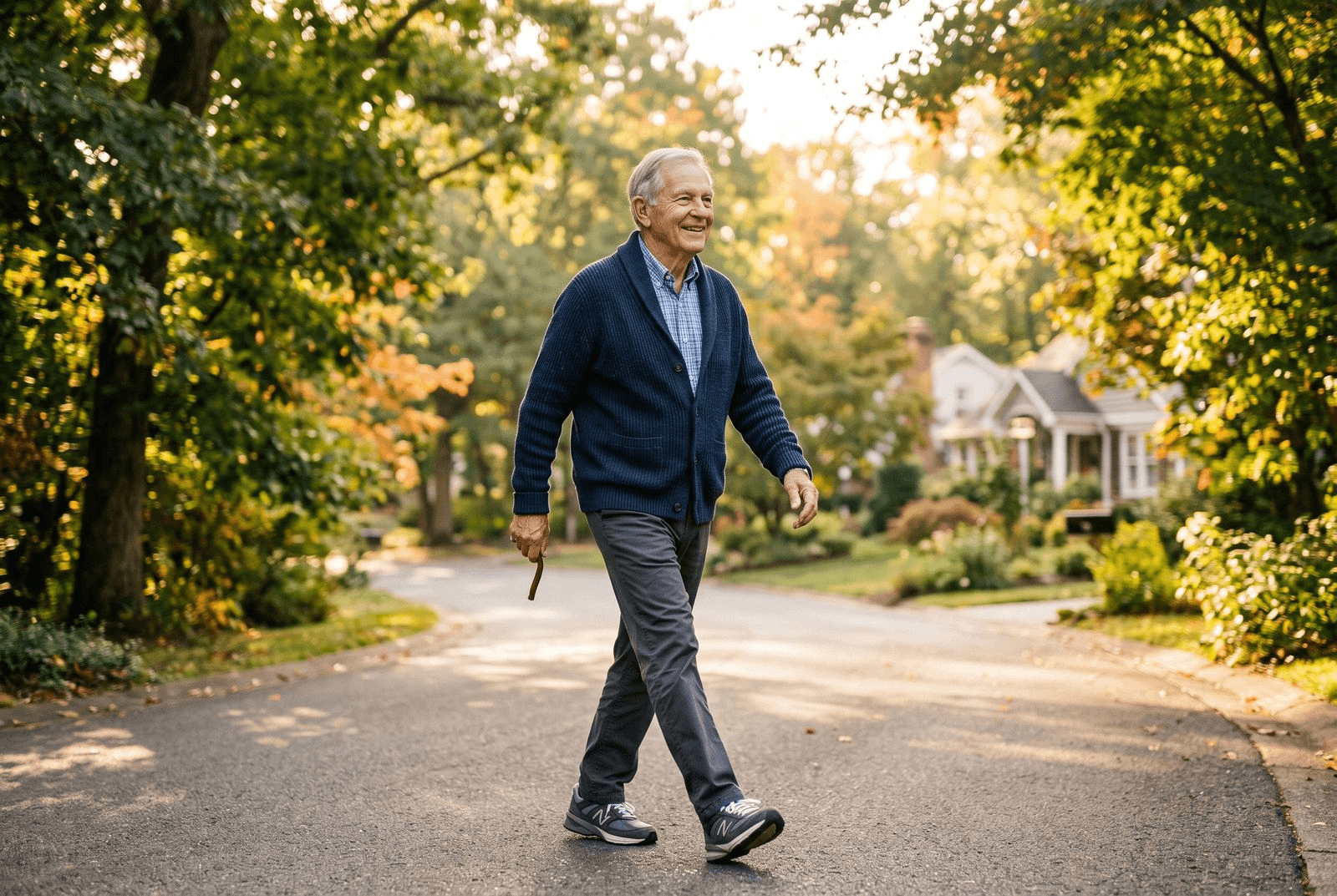 An older man in a cardigan and walking shoes taking a gentle morning walk along a tree-lined neighborhood path in golden light