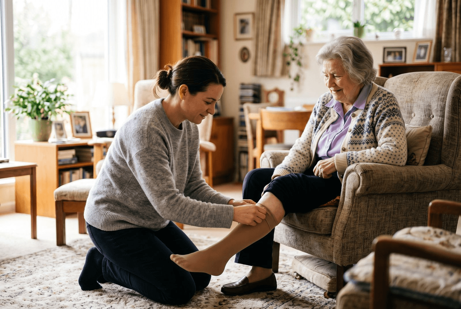 A home caregiver kneeling to gently help an older woman put a compression stocking onto her lower leg in a bright, warm living room
