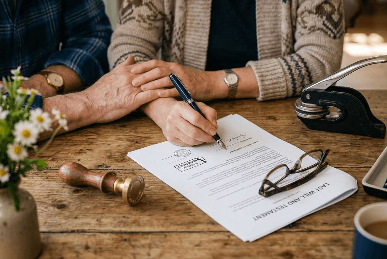 A close-up of an older person's hands and an adult child's hands at a wooden table signing a legal document with a pen, a notary stamp and embosser resting nearby and reading glasses on the paper