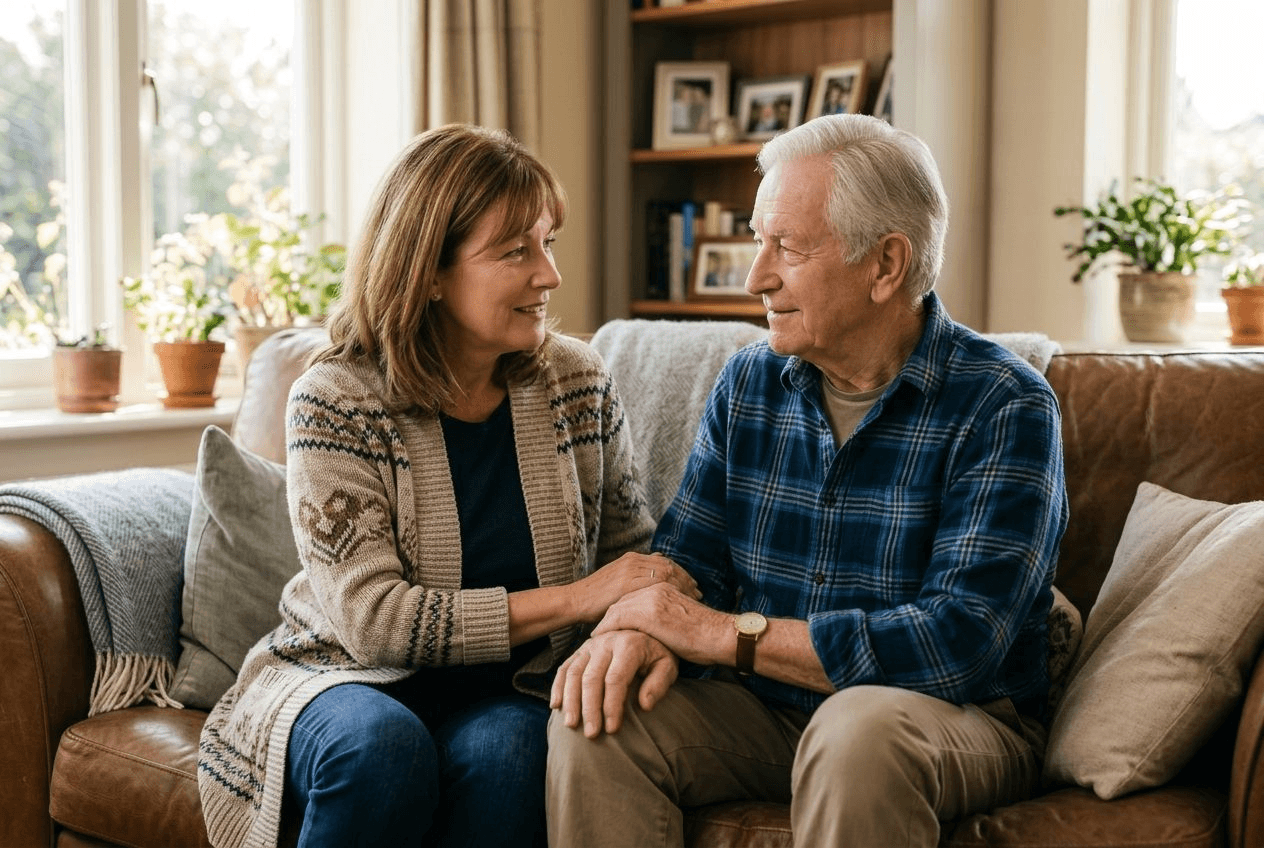 The same daughter and her silver-haired father sitting together on a living-room sofa in warm afternoon light, in gentle conversation with her hand resting reassuringly on his arm