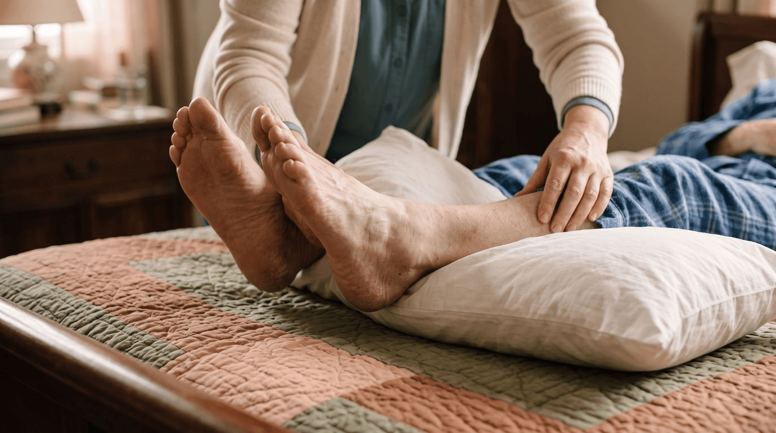 Close view of a caregiver's hand tucking a soft pillow beneath an older person's lower legs so the heels are lifted off the mattress