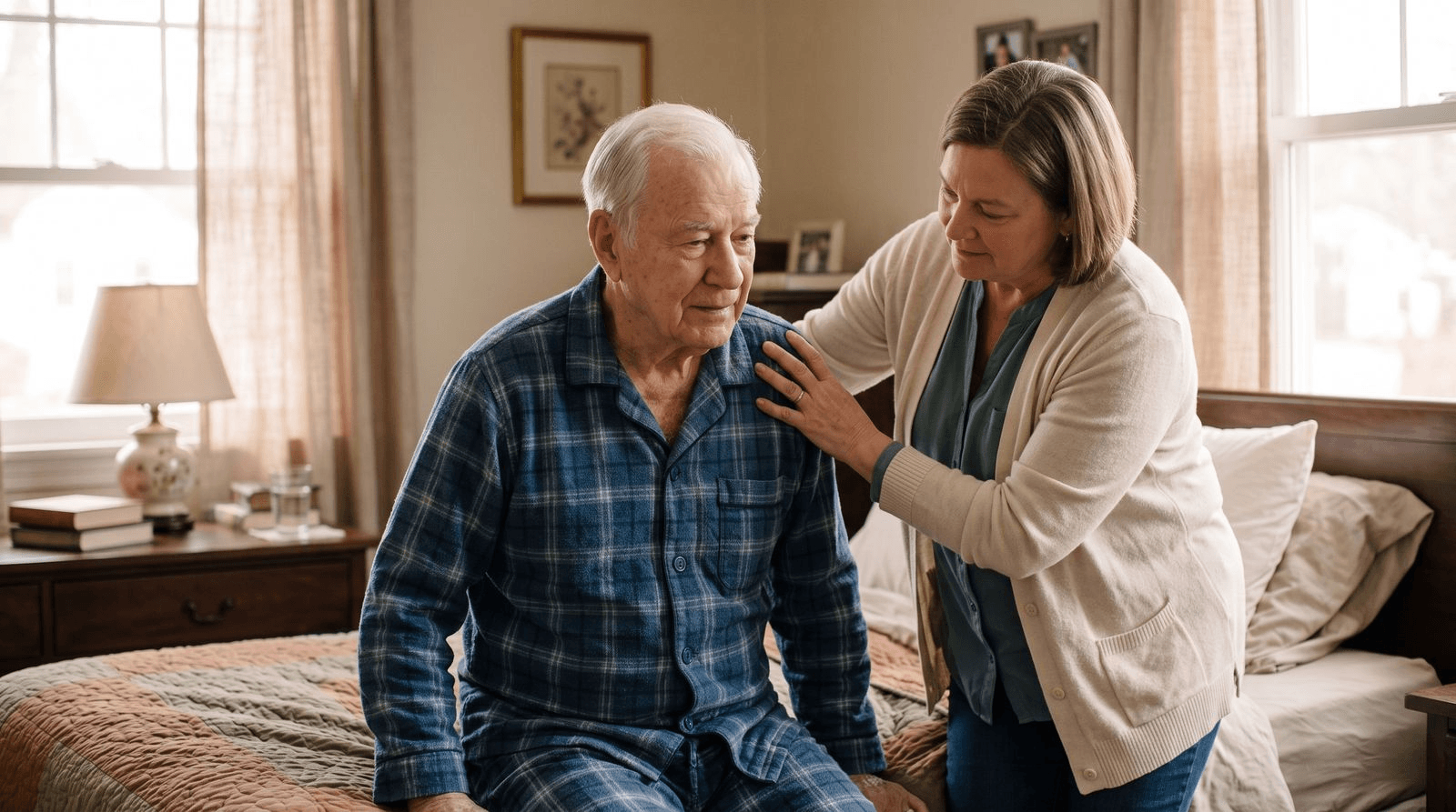 A caregiver with a steadying hand on an older man's shoulder and back, helping him shift position as he sits on the edge of his bed in soft morning light