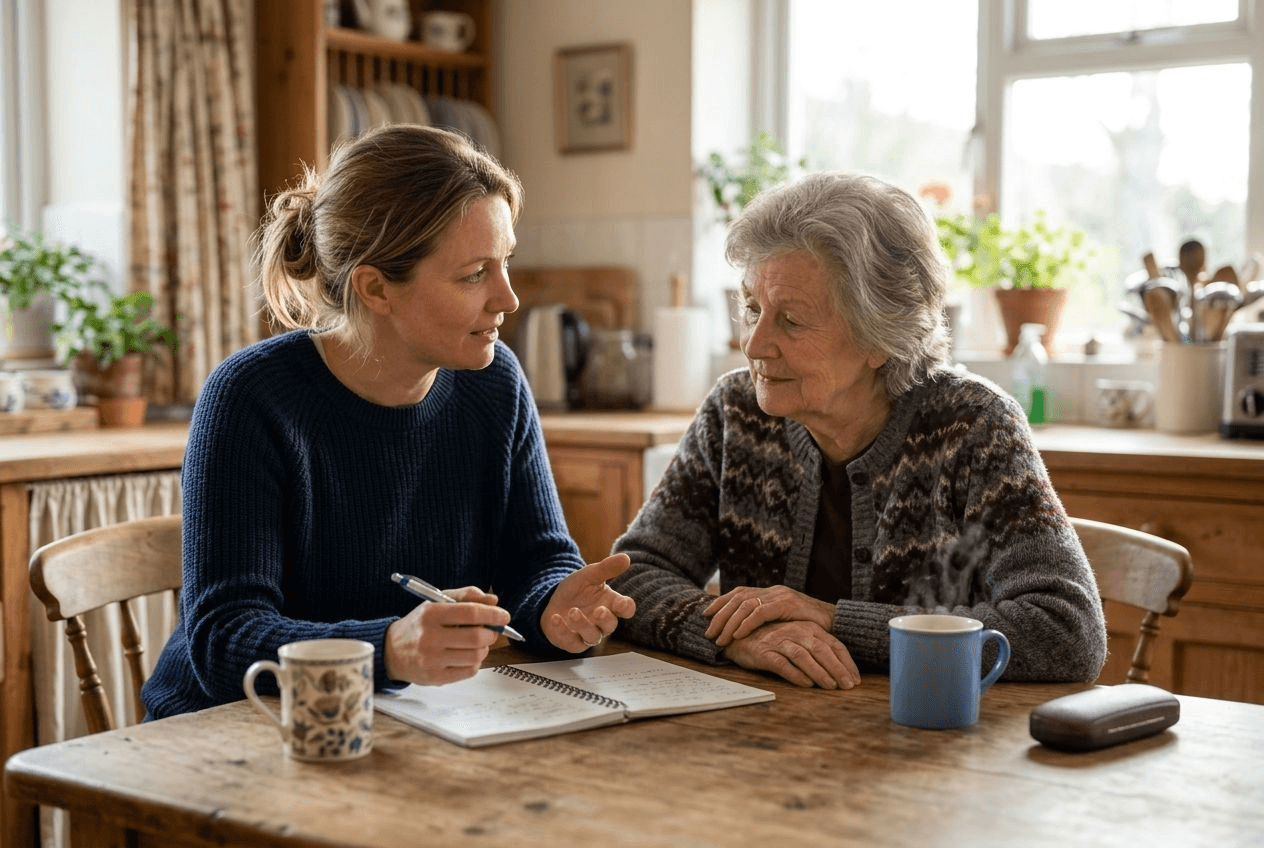An adult daughter and her elderly mother sitting at a kitchen table in morning light, a notepad and coffee between them, talking through a care decision together
