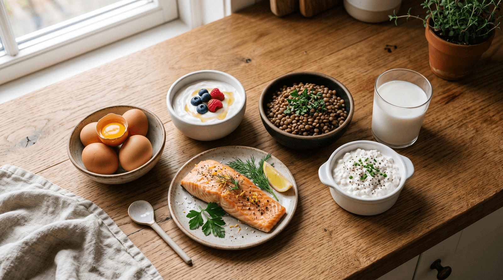An overhead view of high-protein foods on a wooden counter: eggs, a bowl of Greek yogurt, grilled salmon, cooked lentils, cottage cheese, and a glass of milk